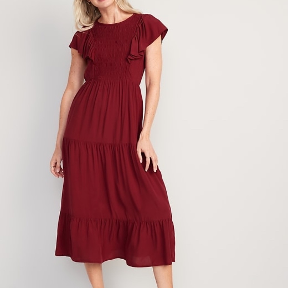 Fit & Flare Flutter-Sleeve Tiered Smocked Midi Dress